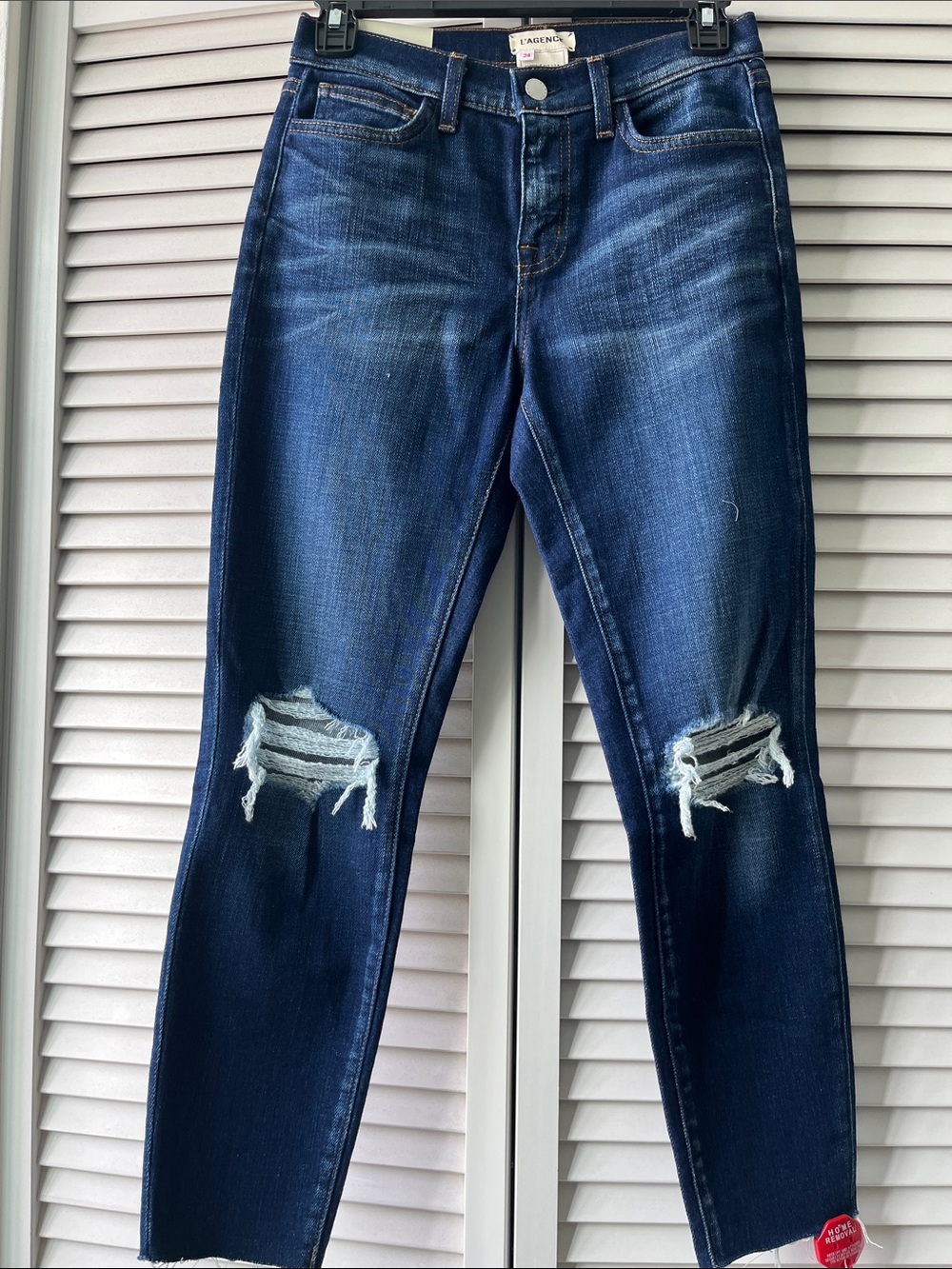 NWT L’AGENCE Abigail High Rise French Slim Dark Blue Distressed  Jeans sz 24